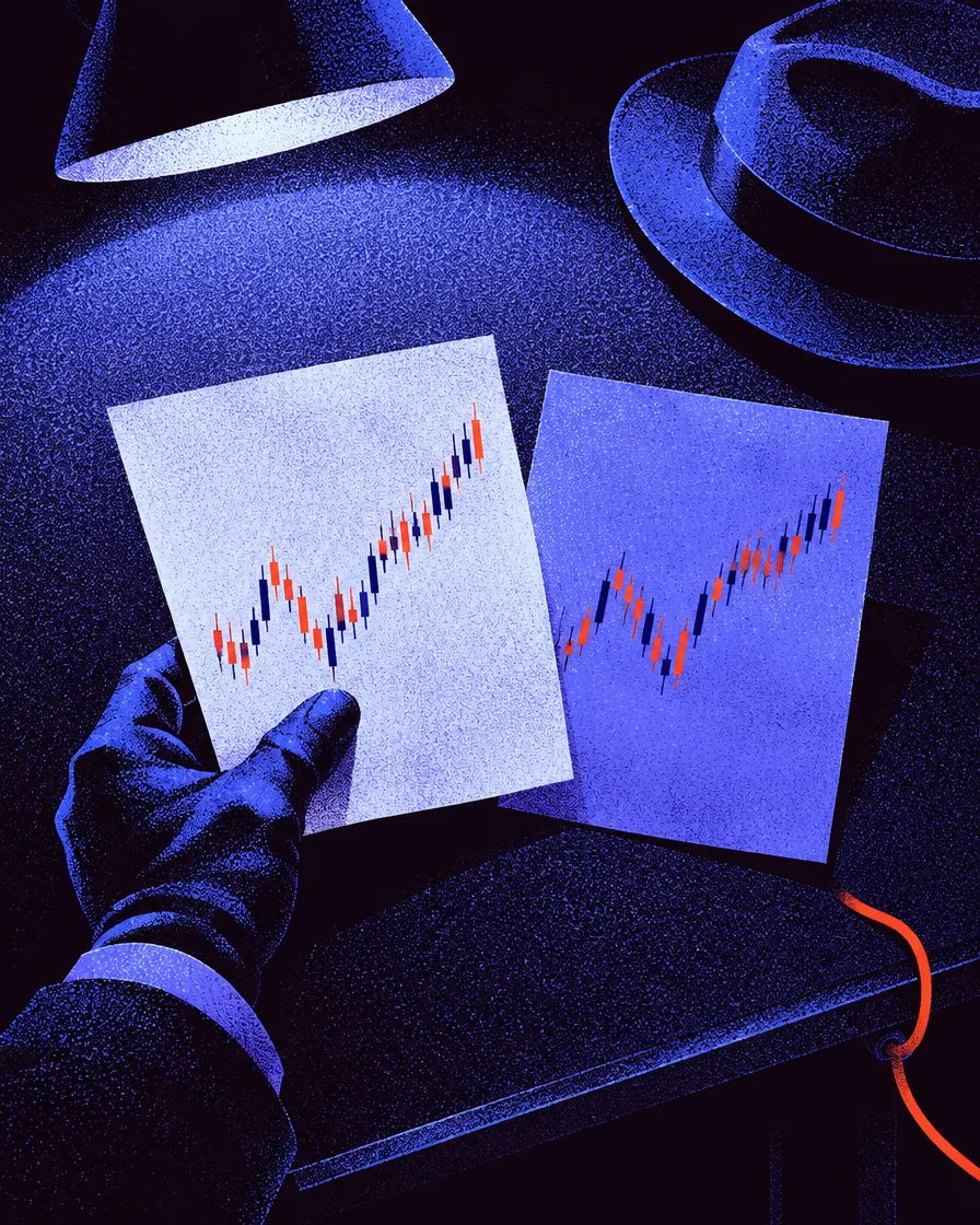 From above, a gloved hand holds two charted sheets under the lamp, a fedora at the table's edge