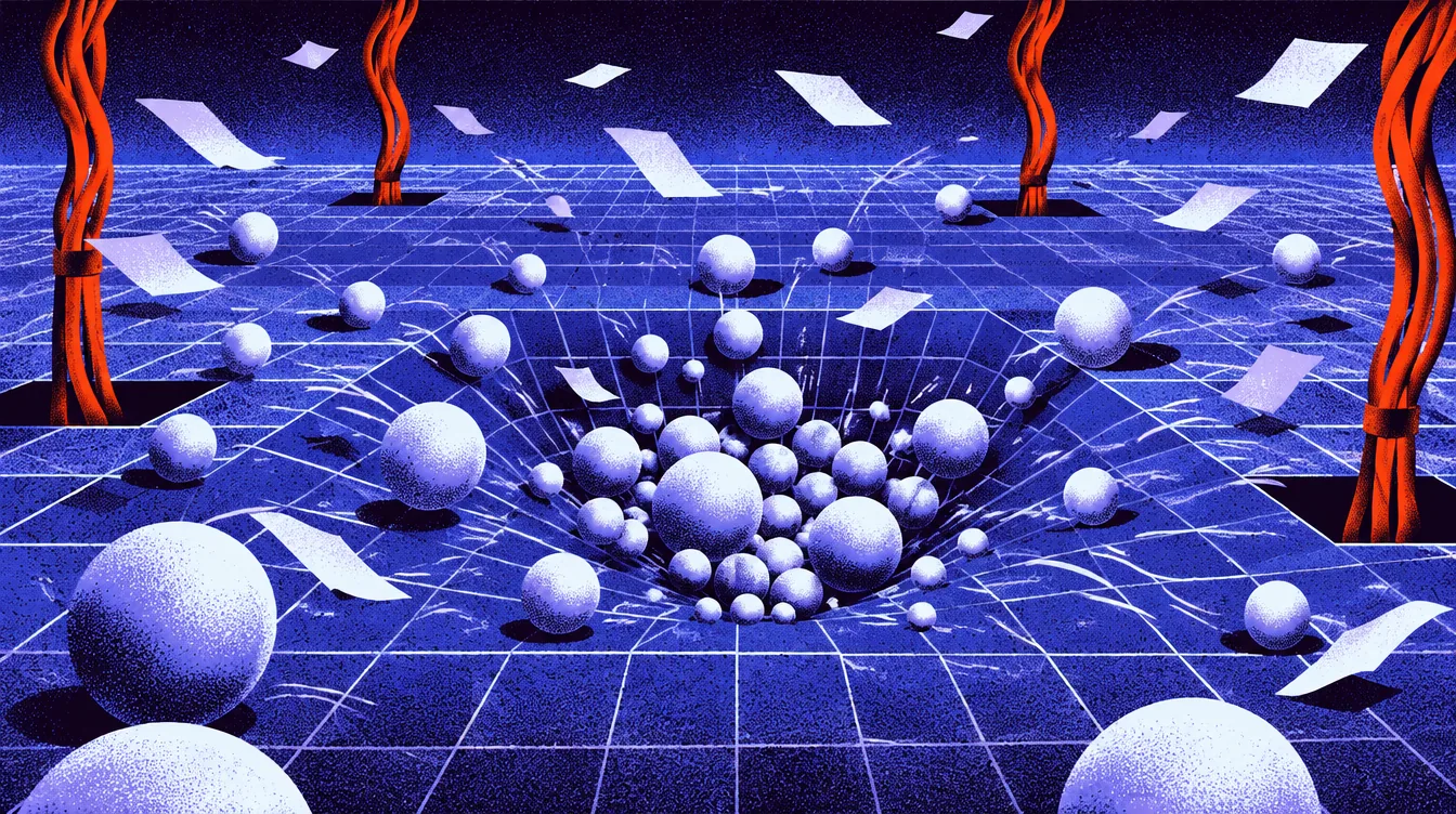 Spheres jostling into a shallow funnel in the public floor