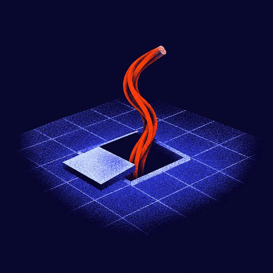 An open hatch in the grid floor with an orange cable rising from it