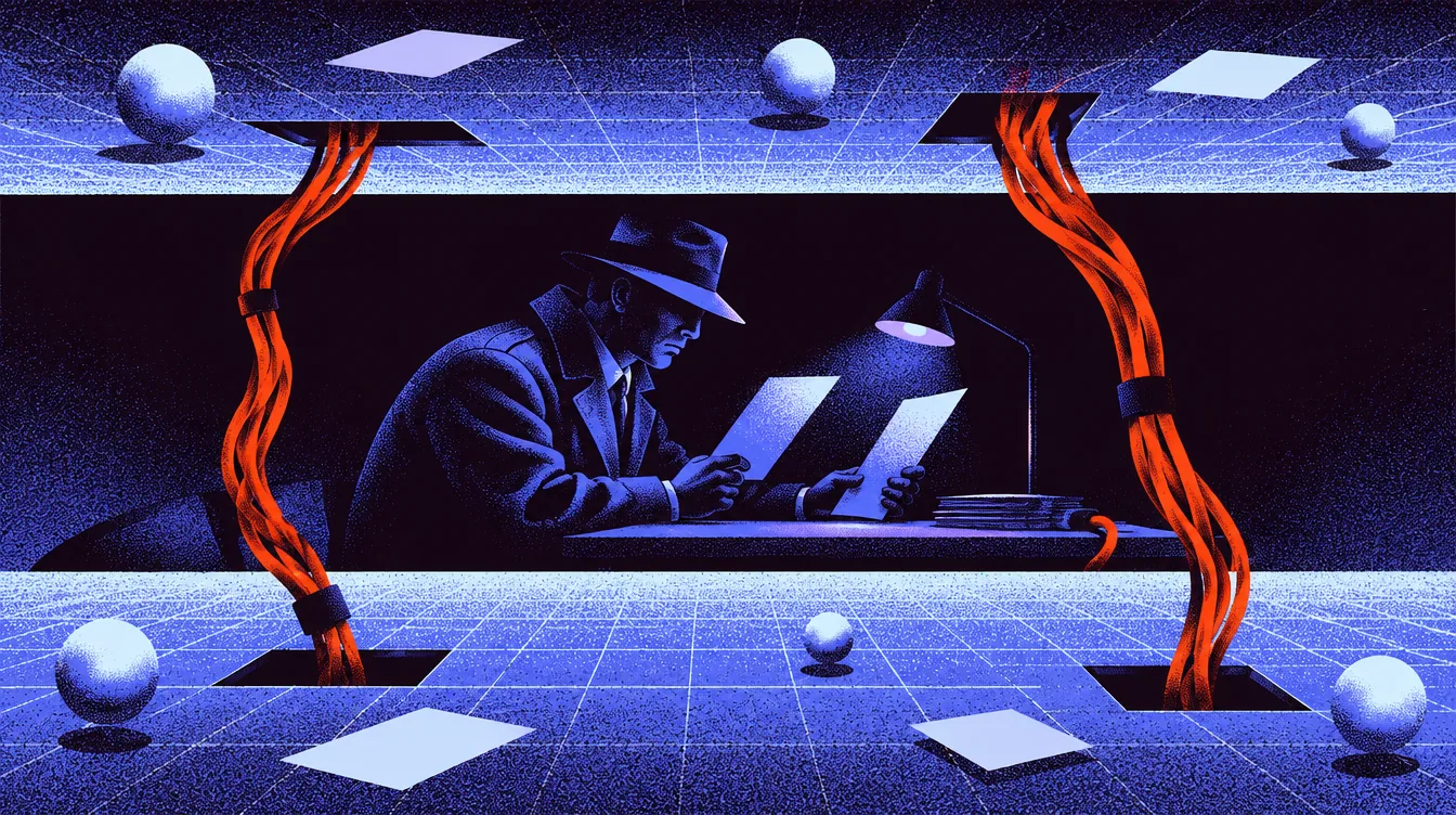 A dealer in a fedora reads two sheets in a room hidden between two trading floors, cables running down from the hatches above