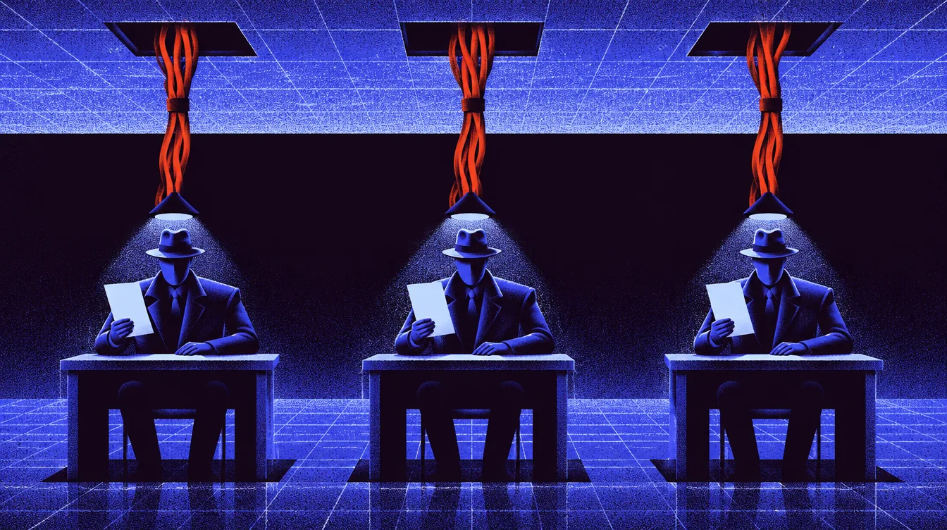 Three faceless agents in fedoras at three small tables under the floor, each holding up a sheet