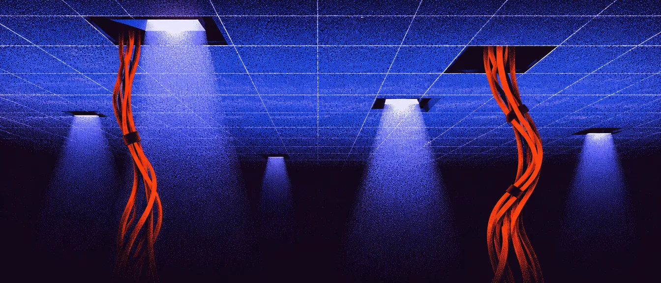 The underside of the floor seen from below, light falling through hatches, cables hanging